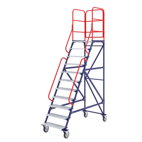 Лестница передвижная, десять ступеней и один марш ЛР 10.1 (791х1834х2945) 160 черная резина, тормоз