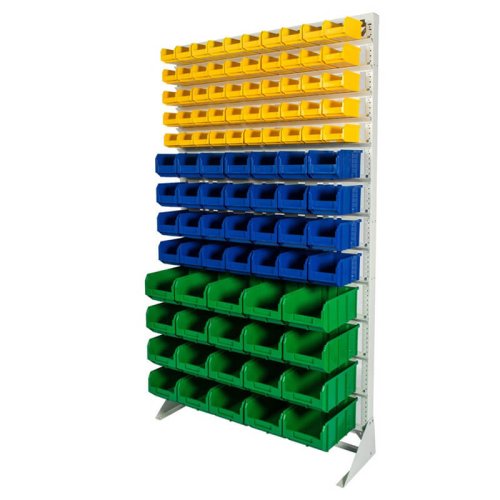 Стеллаж с пластиковыми ящиками односторонний 1150х2000 В1-05-04-04  (желтый/синий/зеленый)