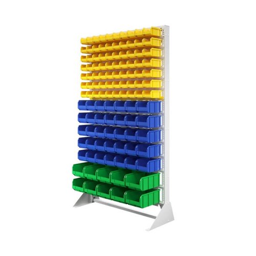 Стеллаж с пластиковыми ящиками односторонний 1150х2000 В1-07-05-02  (желтый/синий/зеленый)